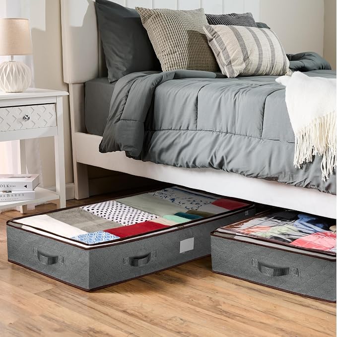Under Bed Storage Bins - 90L Pack Of 4 Under The Bed Storage Containers For Clothes, Blankets, Winter Clothing, & Shoes - Underbed Storage Containers With Handles, Dual Zippers, & Clear Top