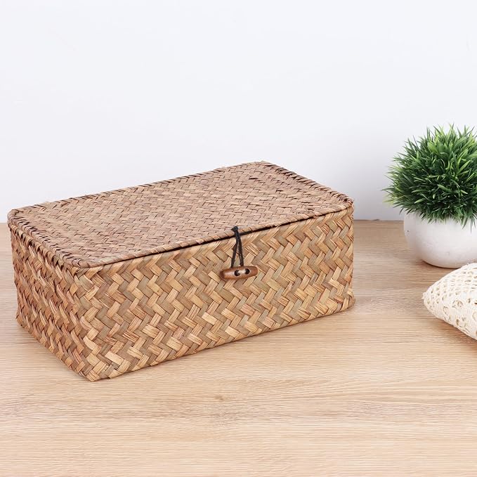 FEIALNDUO Wicker Shelf Baskets with Lid,Seagrass Storage Basket Bins Rectangular Handwoven Basket Boxes for Shelves Desktop Home Organizer (Coffee, Small)