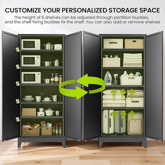 AQY 75" Pantry Cabinet, Black Freestanding Storage Cabinet with 5 Adjustable Shelves, Metal Pantry Cupboard with Ventilation Design & Hanging Hooks, 2-Door Kitchen Organizer for Living Room Kitchen | 5 Adjustable Shelves • Ventilated Metal Cabinet • Ha...
