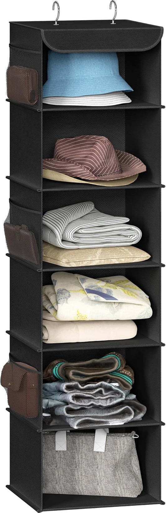 Simple Houseware 6 Shelf Hanging Closet Organizer, Black | 360° Rotating Dual Hooks, Top Support Metal Frame, 6 Side Mesh Pockets