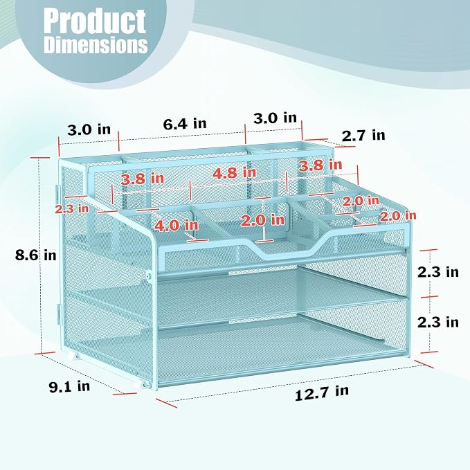 Docnest 3 Tier Mesh Desk Organizer with Letter Tray & Paper Sorter, Blue | Features 3 built-in pen holders & 5 adjustable compartments on top. Includes 4 non-slip rubber feet for desk protection
