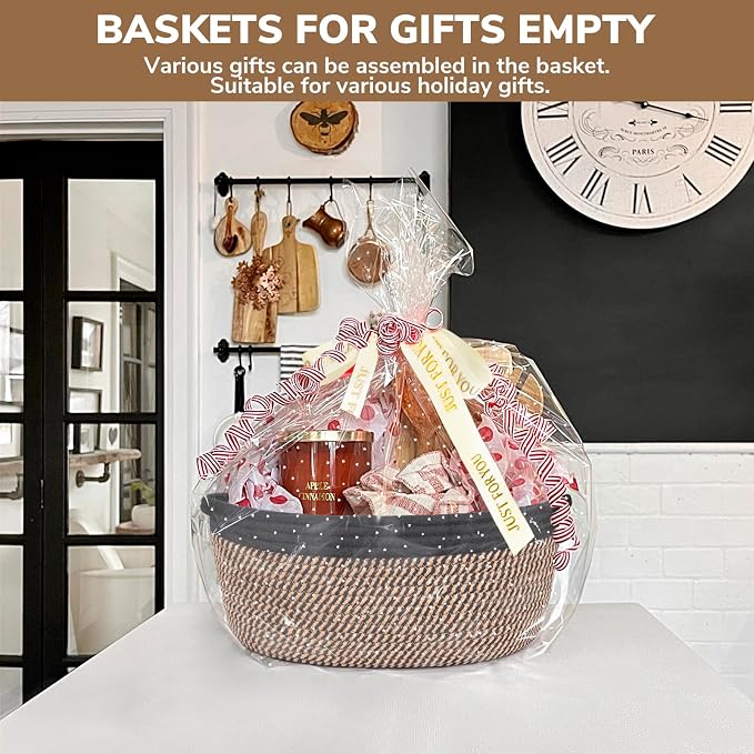 CHICVITA Small Wicker Basket with Bags & Ribbon for Gifts, Black & Jute | 12"x 8"x 5" Gift Basket Empty to Fill for Toys Snacks, Rope Baskets for Storage, Cute Basket for Dogs Cats