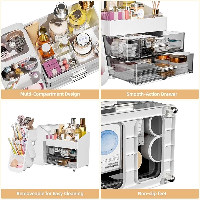 Makeup Organizer with Drawers for Vanity Bathroom Counter Organizers and Storage, Large Skincare Organizer with Brush Toothbrush Holder for Perfume, Nail Polish, Dresser, Office Supplies, White