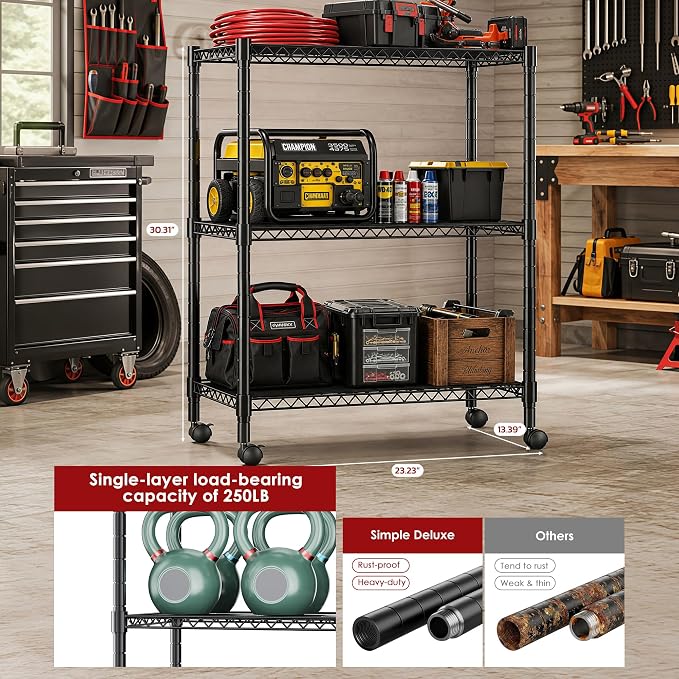 Simple Deluxe 3-Tier Heavy Duty Adjustable Storage Shelf with Wheels, 23.23”W x 13.39”D x 30.31”H, Mobile or Stationary Metal Shelving Unit, Easy Assembly for Kitchen, Pantry, Laundry Room, Black