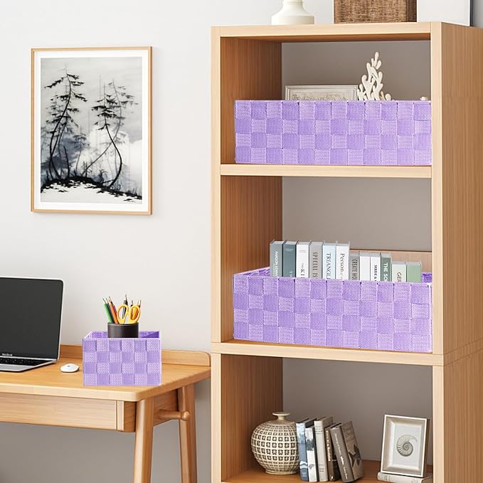 Drawer Organizer, Cube Baskets for Storage Shelves, Handmade Small Woven Basket, Shallow Storage Bins for Organizing Desk, Dresser, Kitchen, Pantry, Nested 7 Pack, Purple