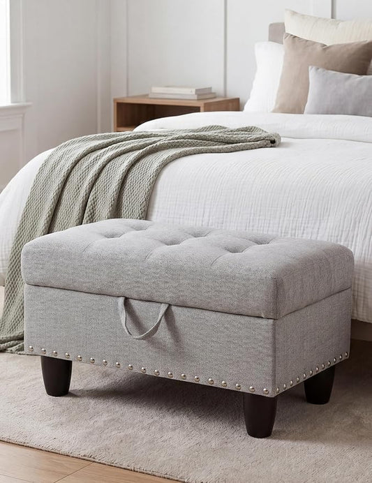 Ottoman with Storage, 28.5 inch Liner Storage Ottoman with Padded Seat, Large Entryway Bench with Solid Wood Frame, Upholstered Sturdy Foot Rest for Living Room, Bedroom, Entryway, Gray White