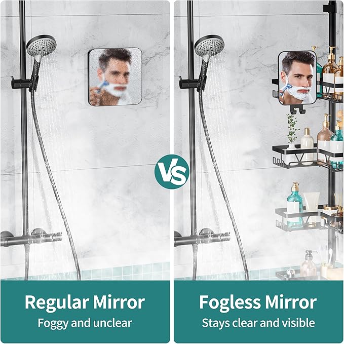 KEGII Shower Caddy Tension Pole, Fogless Mirror Bathroom Organizer, Black | Rustproof Corner Storage with Adjustable 25-114.2 inch Rod, No Drill Design for Shampoo and Shower Essentials