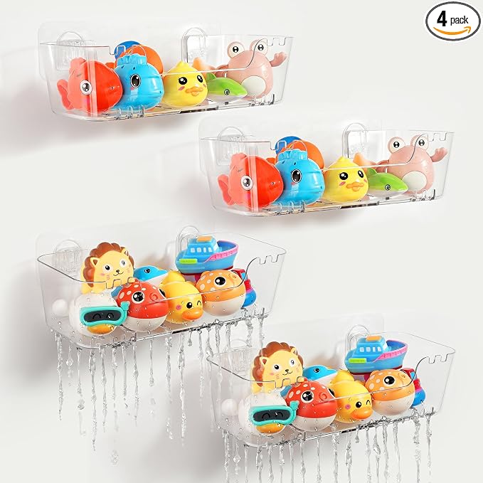 Bath Toy Storage Organizer 4 Pack, Clear Bath Toy Holder with Drain Holes | Durable Plastic Bathtub Toy Storage for Bathroom, Quick-Dry Drainable Shower Caddy, Easy to Clean (Plastic 4 Pack)