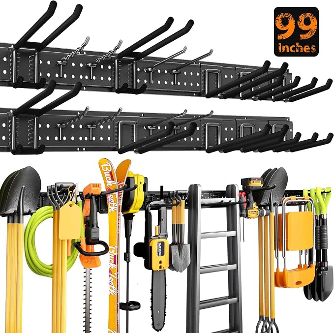 Garage Tool Organizer Wall Mount 99 inches with 18 Adjustable Heavy-Duty Hooks, Garage Organization, Garden Tool Storage Rack for Garage, Yard, and Shed, Holds Up to 750 lbs