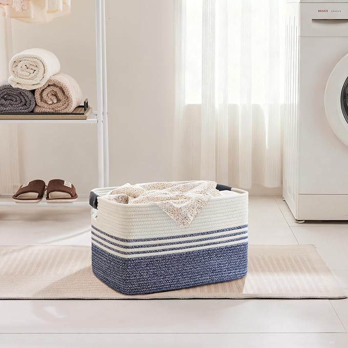 45L Woven Laundry Basket Hamper with Leather Handles,Denim Blue | collapsible wicker hamper, storage for dirty clothes, toys, blankets, gifts, living room, bedroom, bathroom, 18"x14"x11"