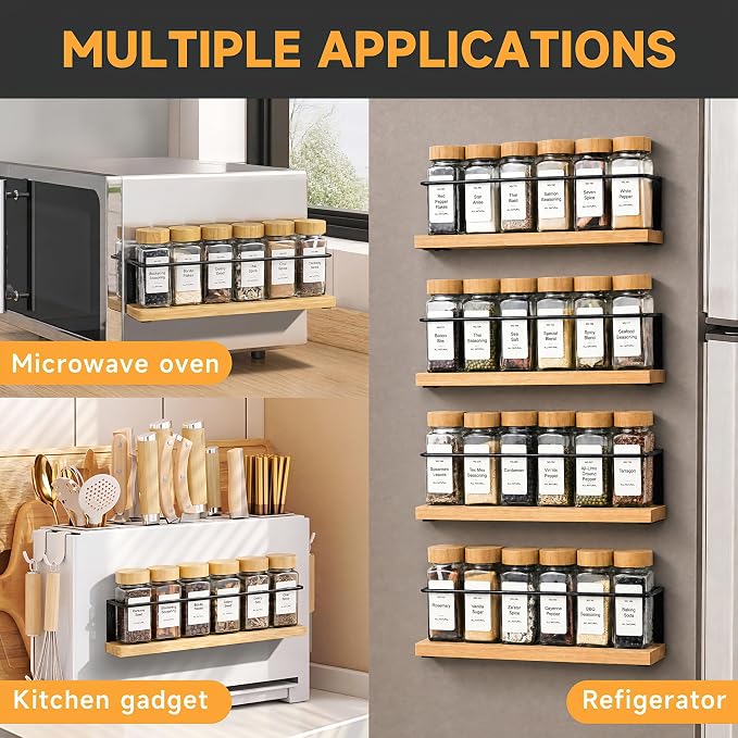 Bamboo Magnetic Spice Rack for Refrigerator, Space Saving Complete Set with 24 Bamboo Lid Glass Jars, 216 Waterproof Labels & Steel Funnel, Fridge Spice Organizer, 11.6" W x 2.4" D x 3.2" H