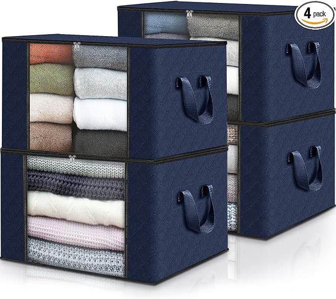 Fab totes Storage Bags,Clothes Blanket Storage Bins Foldable Closet Organizers with Reinforced Handle for Home Dorm Storage and Organization,Fabric Bags for Organizing Sheets,Clothing (Blue,4 Pack)