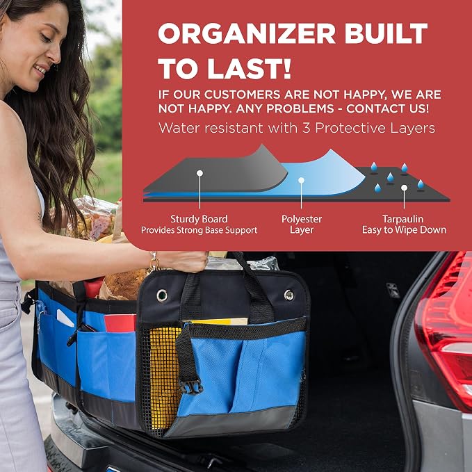 Blue Car Cargo Trunk Organizer for SUV & Auto Storage, Large | Fits Cars, SUVs & Trucks Organizes Sports Gear Keeps Cargo Secure Easy Everyday Storage Space-Saving Car Accessories