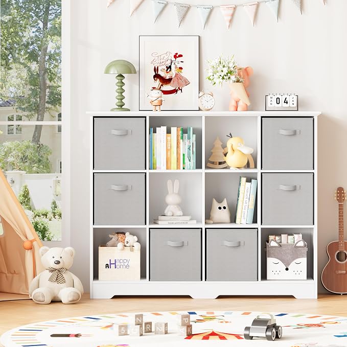 12 Cube Storage Organizer Shelf, Wood Cubby Storage with 6 Fabric Drawers | 3 Tier Wooden Bookshelf with 2 Adjustable Shelves, Fluted Side Panels Bookcase for Records, Books, Ornaments