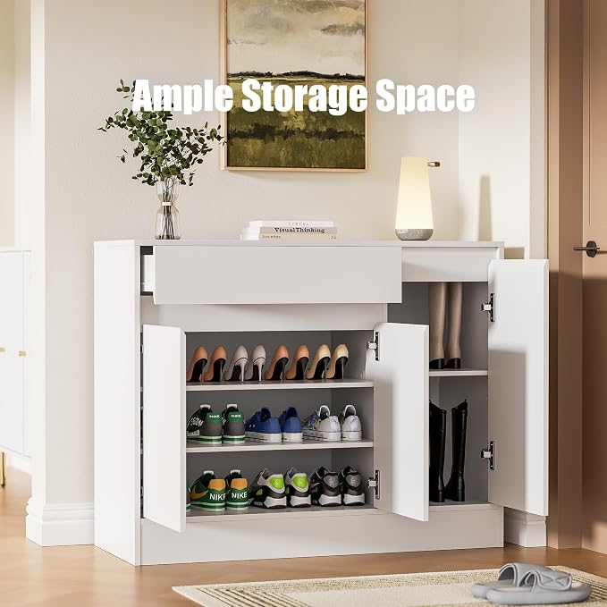 Housoul 39.4" W Shoe Storage Cabinet with 3 Doors & Drawer, White | Freestanding Modern Shoe Cabinet with Drawer & Adjustable Shelves, Wooden Shoe Organizer Cabinet for Entryway, Hallway