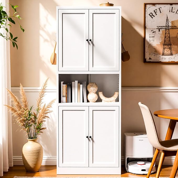 AQY Kitchen Pantry Cabinet,72" White Pantry Cabinet 3-Tier Adjustable Shelves 4 Doors, Freestanding Cupboard with Microwave Stand, Metal Cabinet with Handle for Living Room Kitchen Assembly Required
