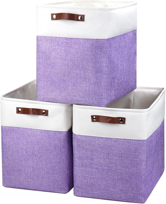 Bagnizer Large Fabric Storage Baskets | 50L Storage Bins, Decorative Linen Closet Baskets with Handles for Organizing, Shelf, Toys, Clothes, Home, Office, Nursery, 17x12x15Inches (Purple&White)