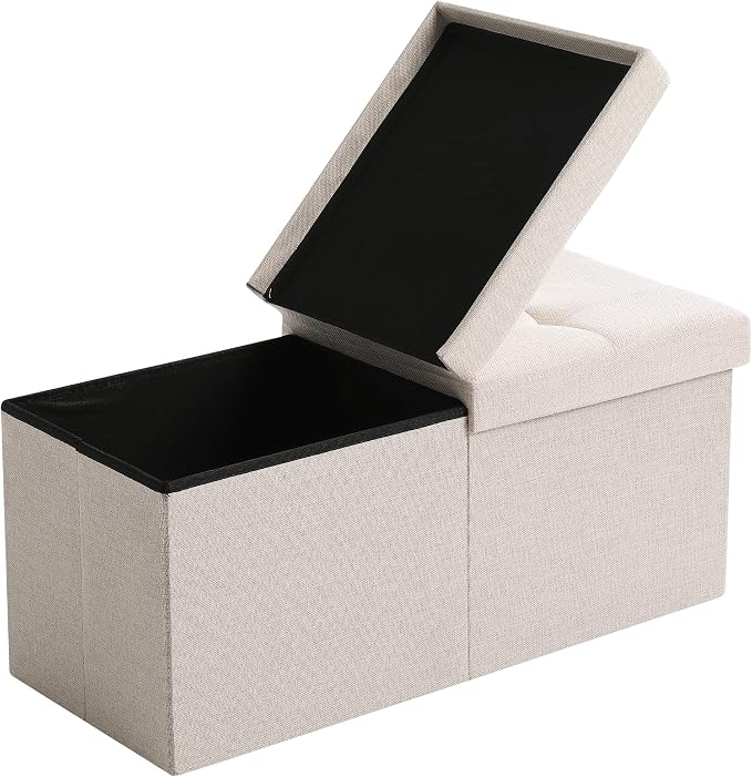 Storage Ottoman Bench Foldable Seat Footrest End of Bed Ottoman with Flipping Lid for Living Room, 75L, 30 inches Linen Fabric Beige