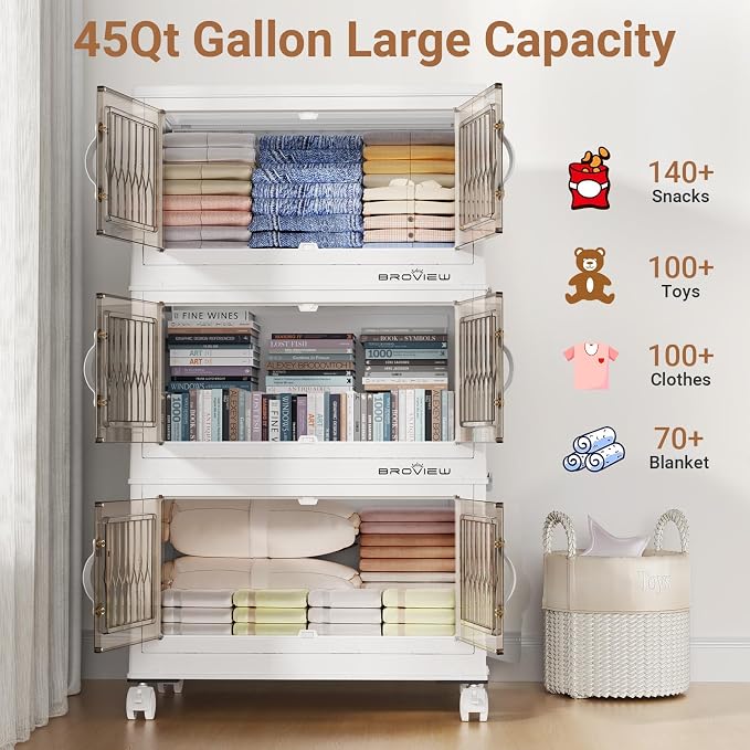 BROVIEW 180 Qt Stackable Storage Bins with Lid, Plastic Closet Organizers and Storage Drawer, Collapsible Storage Box with Wheels, Folding Storage Cabinet for Closet Clothes Organization, 4Pack White