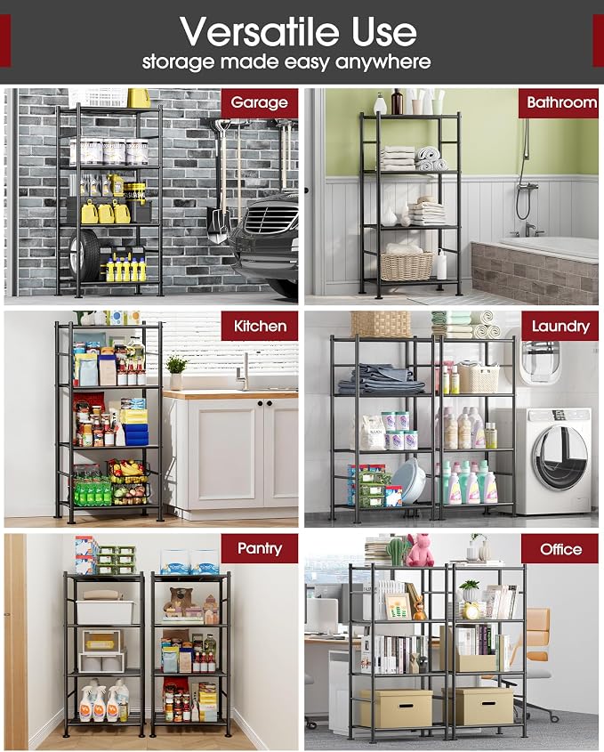 Sakugi Storage Shelves - 4 Tier Shelf Organizer, Sturdy Metal Garage Shelving with Adjustable Leveling Feet, Space-Saving Shelves Organizer for Pantry, Laundry, Kitchen (18" x 12" x 44", Black)