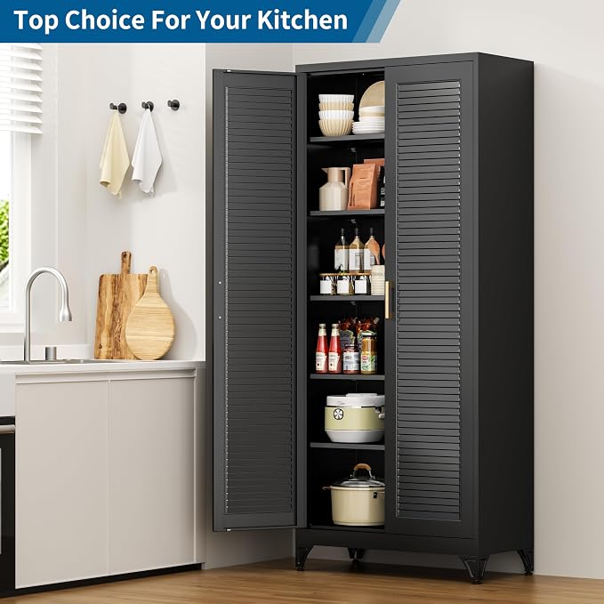 75" Tall Black Metal Storage Cabinet with Doors, Heavy Duty | Freestanding Louvered Door Kitchen Pantry Cabinet, 5 Shelves (180 Lbs Load), Tall Steel Cabinets for Home and Office