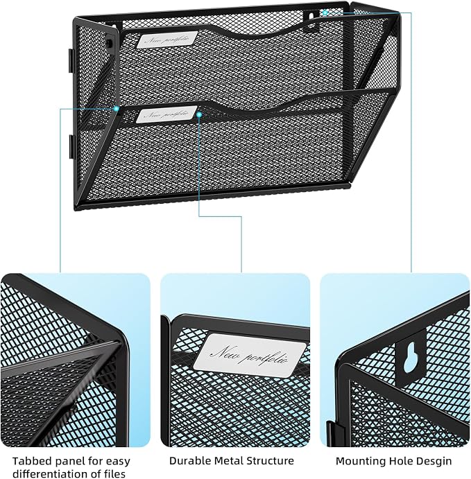 Marbrasse Wall File Holder 2-Tier Hanging Wall File Organizer, Mesh Mail Holder for Papers, Wall Mount File Clipboard & Magazine Organizer Great for Office Home (Black)