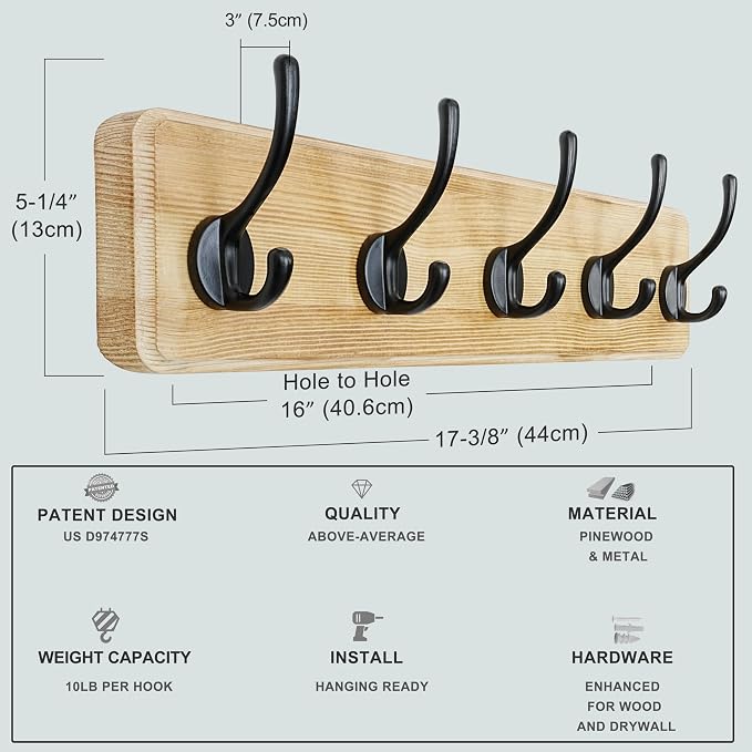 Coat Rack Wall: Patented, Heavy-Duty, 5-Double-Hooks Wooden Wall Mounted Coat Rack Coat Hanger Hook Rail for Winter Coats Hat Jacket Clothing, Light Brown