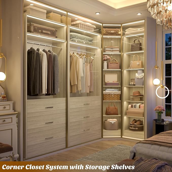 Besiost Closet System with 6 Drawers & 10 Shelves, Corner Closet Organizer System, Reversible Walk-in Closets, (L-Shaped 31.5" L * 31.5" W / I-Shaped 62.9" L * 15" W), Load 1500+LBS, White Oak