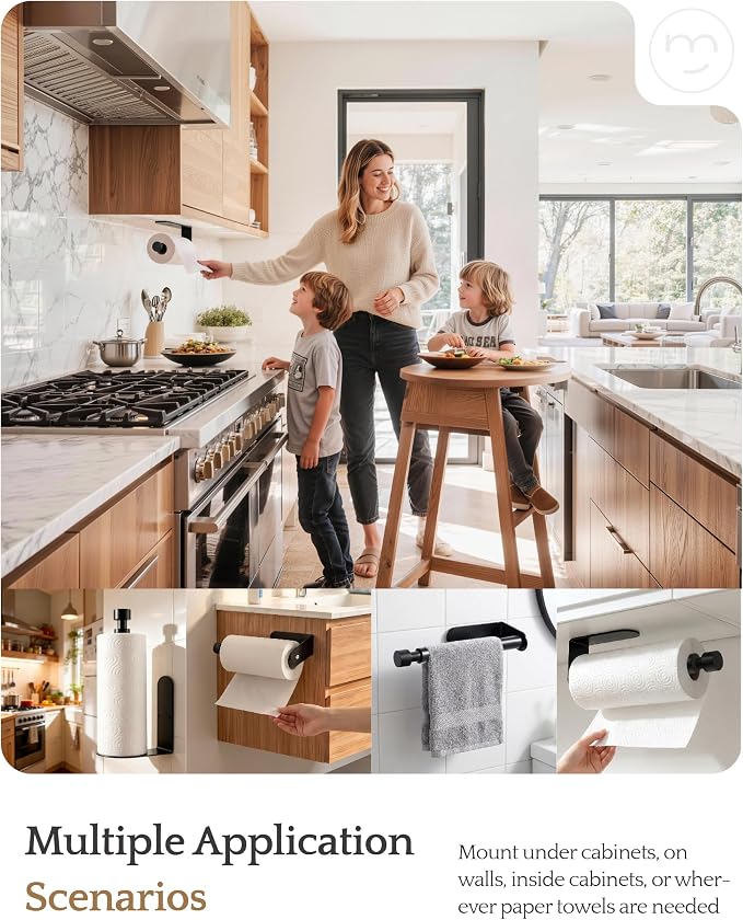 Paper Towel Holder Under Cabinet Adhesive or Drilling Matte Black | Drill Wall Mount or Adhesive, Easy Roll Loading, Heavy Duty, Stainless Steel Paper Towel Roll Rack for Kitchen, Bathroom