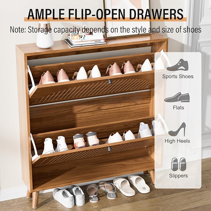 Fsbecl Shoe Storage Cabinet for Entryway with 2 Flip Drawers, Narrow Wood Shoe Cabinet with Fluted Panel, Freestanding Hidden Shoe Organizer for Hallway