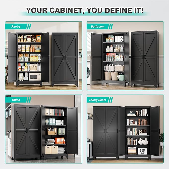 SISESOL Wide & Deep Pantry Storage Cabinets with 2 Doors and 5 Shelves,Tall Storage Cabinet,Large Cupboard Closet,Farmhouse Storage Cabinet for Home,Kitchen,Dining/Living Room (Black, 72" H)