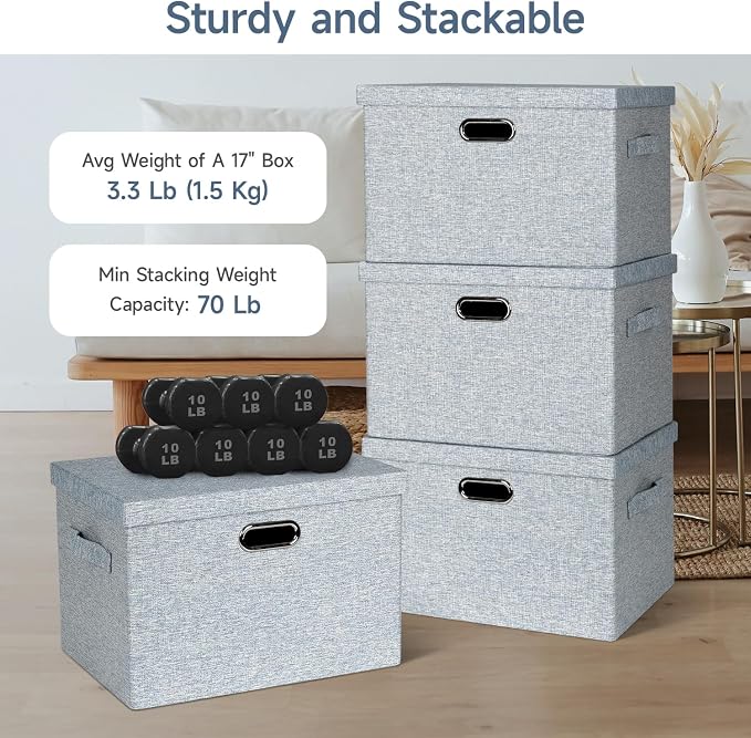 Storage Bins with Lids Fabric Closet Organizers Cubes Office Organization | 36 Quart 3 Pack Blue-Grey Collapsible Stackable Linen Fabric 4 Handles Bedroom Closet Cabinet Under Bed Clothes Toy Office