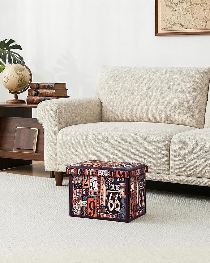 B FSOBEIIALEO Route 66 Storage Ottoman Bench, Faux Leather Foot Rest Seat for Living Room, Storage Organizer 16.54"x12.6"x12.6"