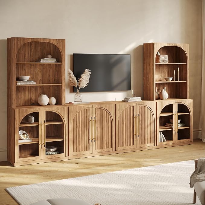BELLEZE 6-Piece Modular TV Stand Set - 2 Double-Arc Wood Door Sideboards, 2 Arched Glass Door Sideboards, 2 Hutch Cabinets, Classic Modern Media Console with Adjustable Shelves for Living Room, Camel