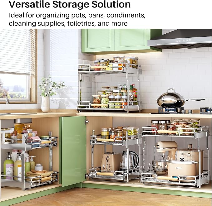 Pull out Cabinet Organizer, 2 Tiers 17"W X 21"D, Heavy Duty Smooth Sliding Under Cabinet Shelves for Pots and Pans, Full-Extension Roll out Drawers, Slide out Organization for Home Kitchen Pantry