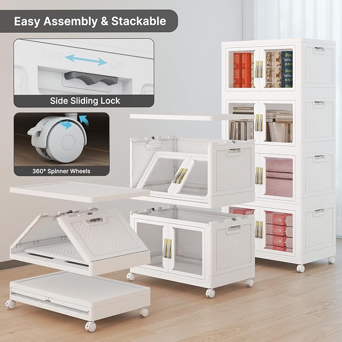 Stackable Storage Bins with Lids, 480QT Extra Large Storage Cabinet | Clear Doors, Foldable Storage Drawers, Heavy Duty, Collapsible Closet Organizers for Bedroom Office (4, White, 120, Quarts)