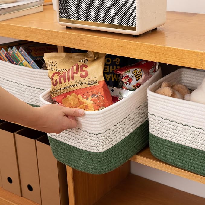 OIASKET 4 Pack Storage Baskets for Organizing, 13"X9"X7.87", Decorative Cotton Rope Baskets for Shelves, Small Woven Basket for Toys, Books and Towels, Green & White