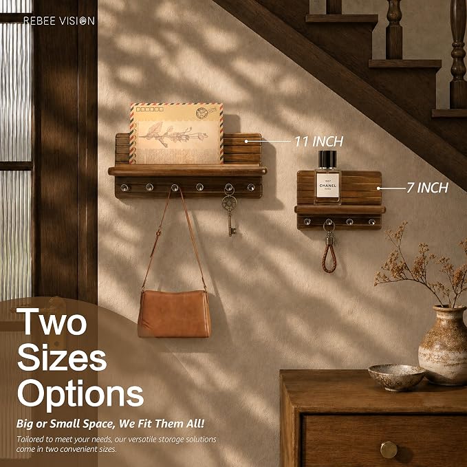 Rebee Vision Acacia Wood Key Holder Wall Mount for Entryway, Brown | Key Holder for Wall, Round Corner, Funtional Floating Shelf, Mail Organizer, Apartment Storage, Practical Home Essential