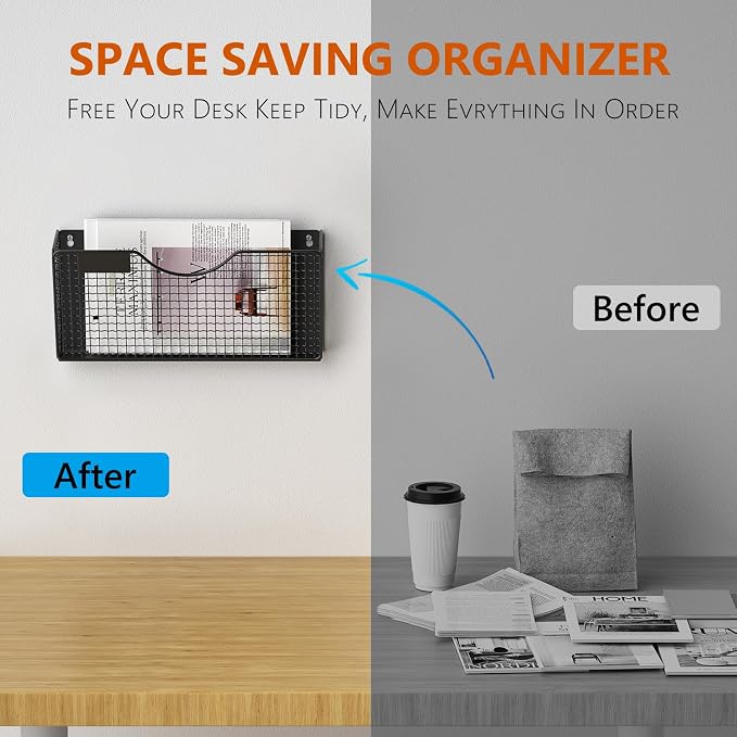 MFTEK Magnetic File Holder, 4 Pockets Magnetic File Folder Holder No Drilling Magnet Paper Mail Organizer Magazine Basket, Hanging Wall Storage Rack for Fridge Cabinets Office Classroom
