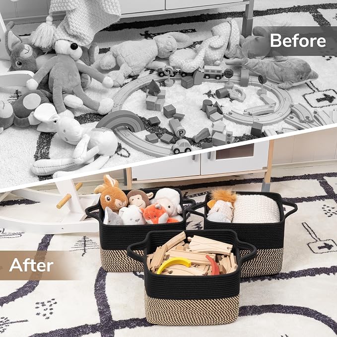 Goodpick Wicker Storage Basket with Handles, 13" x 10" x 9", Black & Jute | Gift Baskets Empty for Dog Toys, Books & Towels Storage, Shelf & Closet Organization, Stylish Home Decor