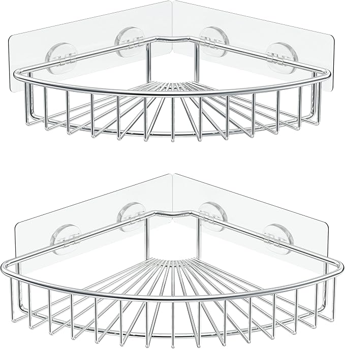 SMARTAKE 2-Pack Corner Shower Caddy, SUS304 Stainless Steel, Silver | Wall Mounted Bathroom Shelf with Adhesive, Storage Organizer for Toilet, Dorm and Kitchen