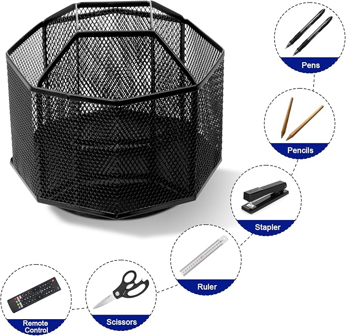 Comix Mesh 360° Rotating Pen Holder, Desk Organizer for Home Office, Black | 9 Compartment Pencil Holder, Sticky Notes Holder, Pen Organizer Office Supplies
