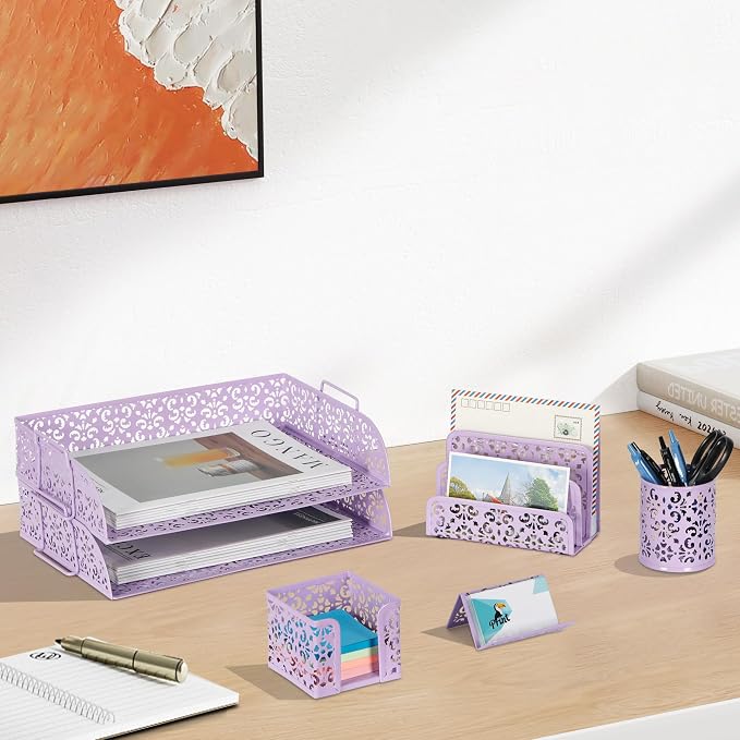 EasyPAG Desk Organizers and Accessories 5 Pieces Office Supplies Set - 2 Tier Paper Tray, Pencil Organizer for Desk, Mail Sorter Countertop, Business Card Holder and Sticky Note Holder, Purple