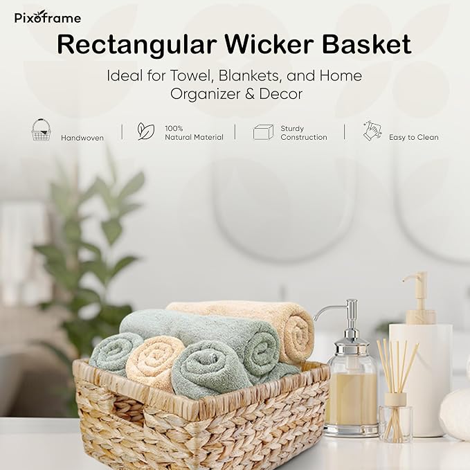 Large Handwoven Water Hyacinth Storage Wicker Basket with 2 Handles - Brown | Handcrafted Rectangular Organizer, Sturdy Iron Frame, Ideal for Towels, Blankets, Shelves & Décor - 16.5"x13"x7.50"