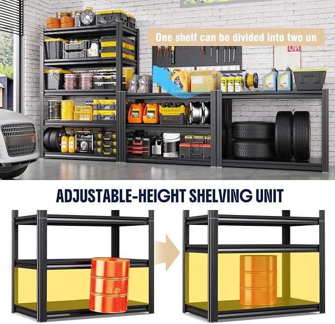 5-Tier Heavy Duty Metal Garage Shelving, 71.2"Hx46"Wx20"D, Adjustable Storage Shelves Unit for Garage Storage, Metal Shelving & Shelves Organizer for Home, Warehouse, Workshop & Commercial Use