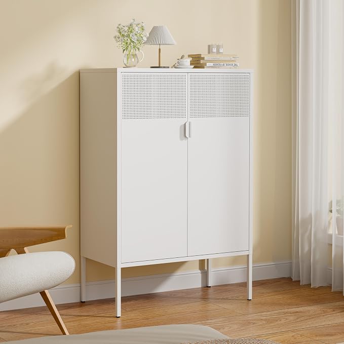 3-Tier Metal Storage Cabinet with 2 Adjustable Shelves & Mesh Doors | Metal Locker Accent Cabinet with Legs, White Storage Cabinets, Metal TV Stand Cabinet for Home Office, Entryway & Hallway
