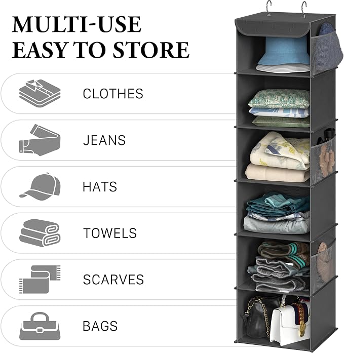 Simple Houseware 6 Shelf Hanging Closet Organizer, Dark Gray | 360° Rotating Dual Hooks, Top Support Metal Frame, 6 Side Mesh Pockets