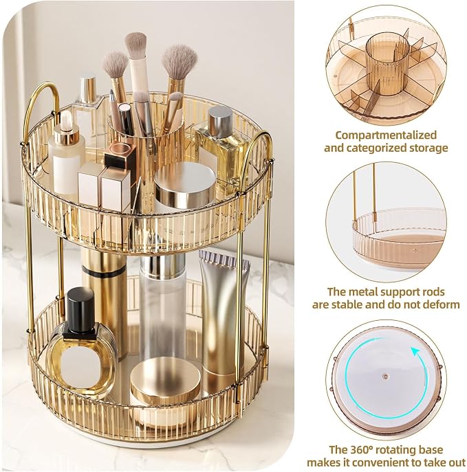 360 Rotating Makeup Organizer - Large-Capacity Skincare & Makeup Storage with 2-Tier Perfume Organizers, Cosmetic Dresser & Makeup Brush Holder - Fits Bedroom, Bathroom, Vanity Shelf & Countertop