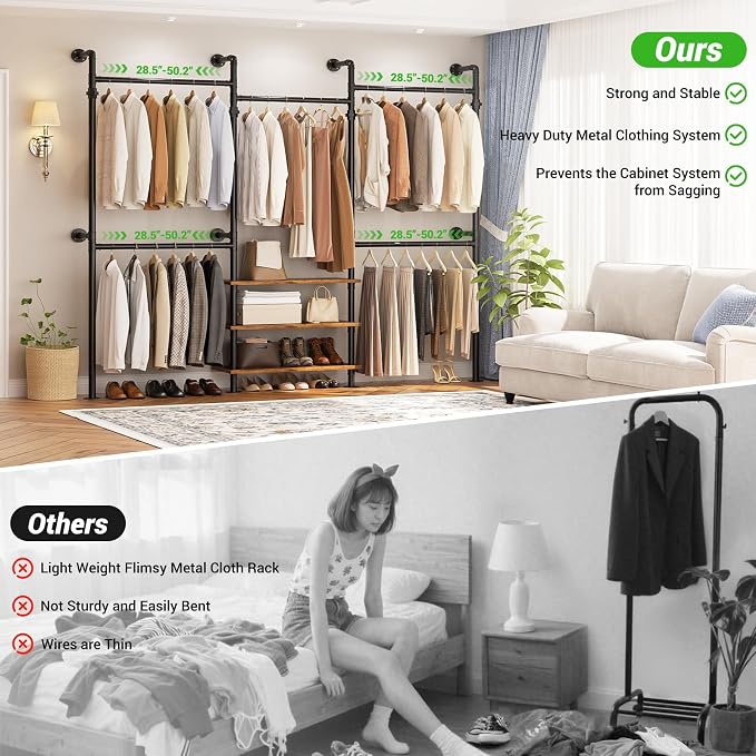 Aheaplus Expandable Industrial Pipe Clothing Rack, 7.3-10.9Ft Wall Mounted Closet System, Reversible L Shaped Clothes Rack for Hanging Clothes, Heavy Duty Walk-in Corner Wardrobe Closet, Rustic Brown