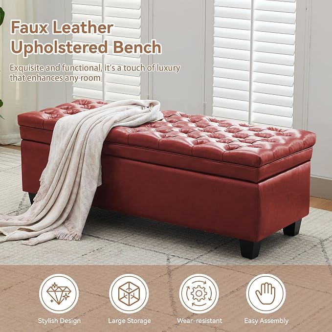 WUTUTUEE 50" Faux Leather Storage Ottoman Bench, End of Bed Upholstered Rectangle Storage Ottoman Tufted Living Room Bedroom Bench with Safety Hinge, Solid Wood Legs, Loads 500 lb(Red)
